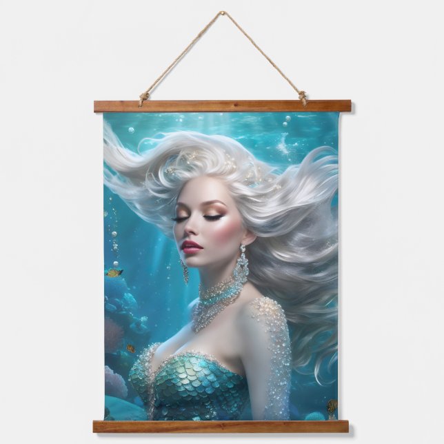 Mermaid Silver Hair Turquoise Ocean Hanging Tapestry (Front)