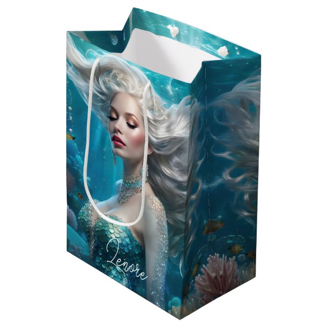 Mermaid Silver Hair Turquoise Ocean Medium Gift Bag (Front Angled)