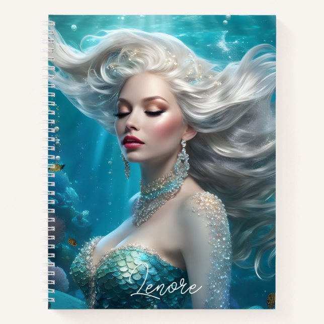 Mermaid Silver Hair Turquoise Ocean Notebook (Front)