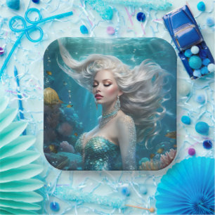 Mermaid Silver Hair Turquoise Ocean Paper Plate