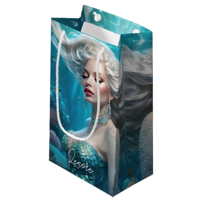Mermaid Silver Hair Turquoise Ocean Small Gift Bag (Front Angled)
