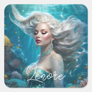 Mermaid Silver Hair Turquoise Ocean Square Sticker