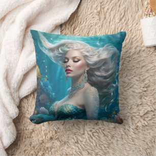 Mermaid Silver Hair Turquoise Ocean Throw Pillow