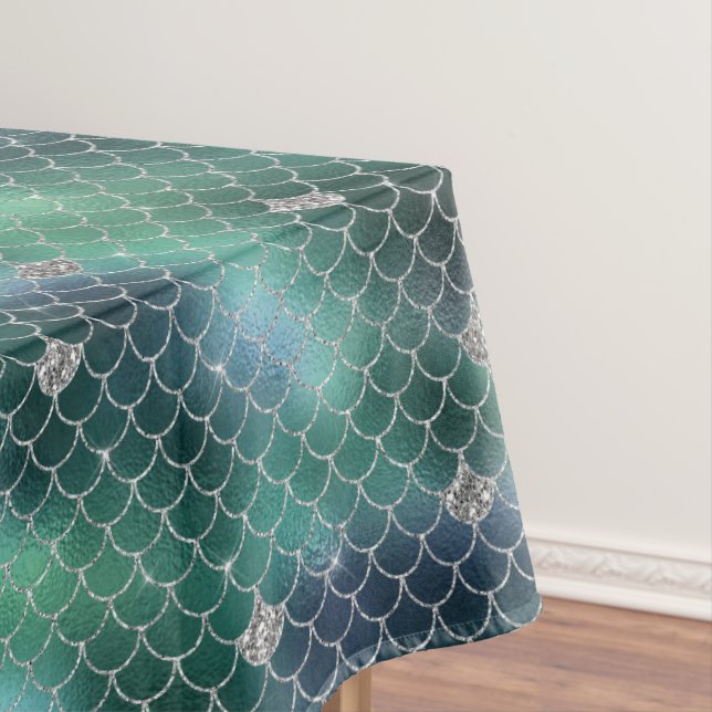 Mermaid Silver Teal Green Ocean Glitz Tablecloth (In Situ)