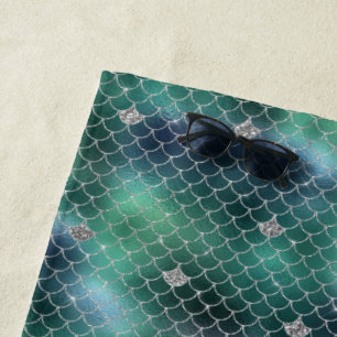 Mermaid Silver Teal Ocean Glitz Beach Towel