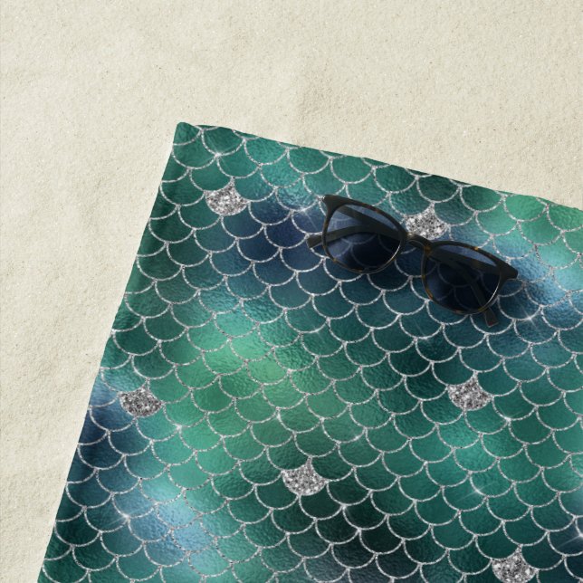 Mermaid Silver Teal Ocean Glitz Beach Towel (In Situ)