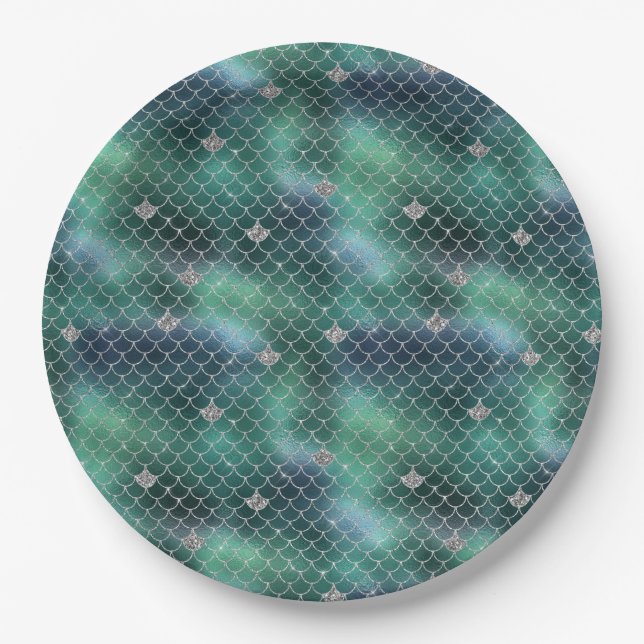 Mermaid Silver Teal Ocean Glitz Paper Plate (Front)