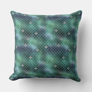 Mermaid Silver Teal Ocean Glitz Throw Pillow