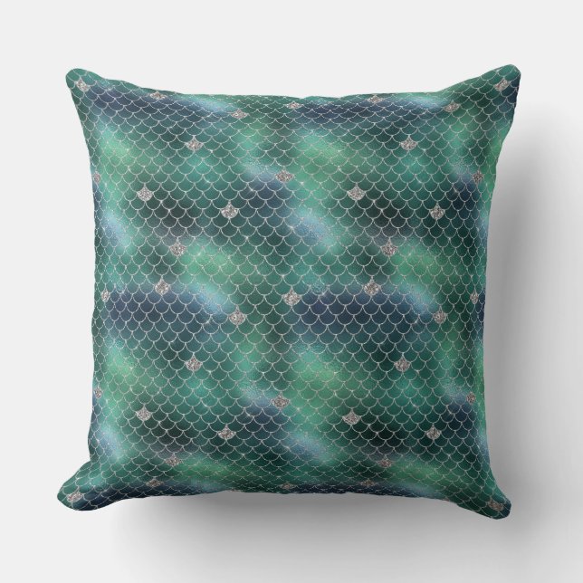 Mermaid Silver Teal Ocean Glitz Throw Pillow (Front)