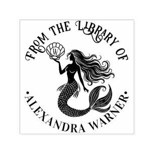 Mermaid Siren Silhouette Library Book Name Initial Self-inking Stamp