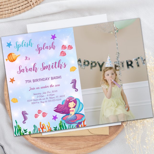 Mermaid Sit on Purple Shell Invitations with photo (Mermaid Sit on Purple Shell Invitations with photo)