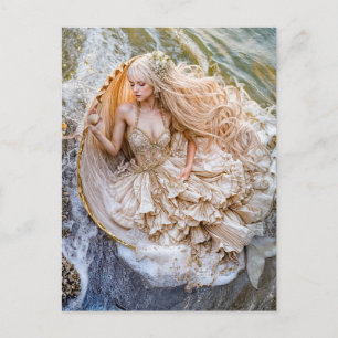 Mermaid Sitting in Giant Seashell at Shore Holiday Postcard