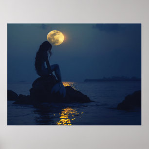 Mermaid sitting on a rock at night poster