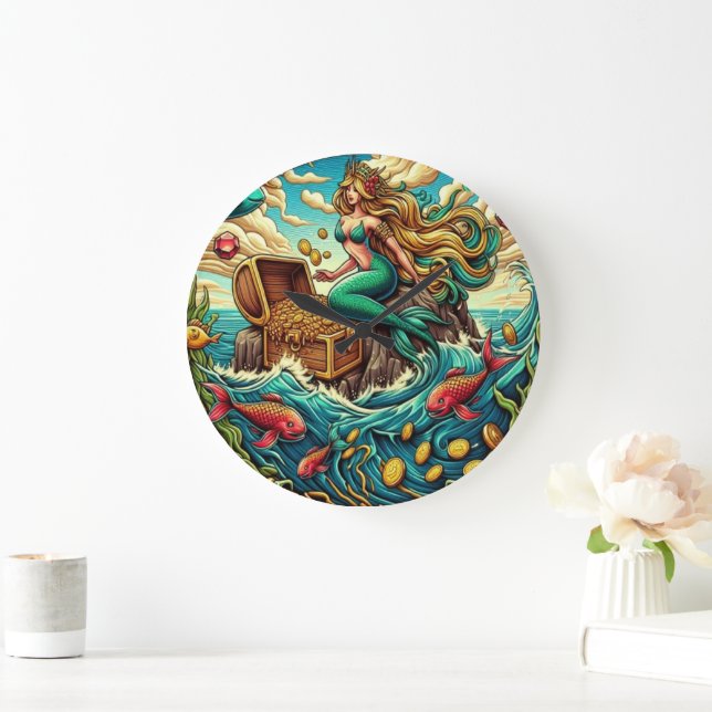 Mermaid sitting on a rock with a open treasured  large clock (Home)