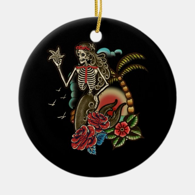 Mermaid Skeleton Traditional Tattoo Old School Hal Ceramic Ornament (Front)