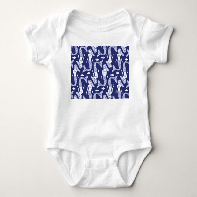 Mermaid Sketch: Vintage Fish Pattern. Baby Bodysuit (Front)