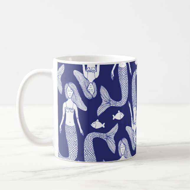 Mermaid Sketch: Vintage Fish Pattern. Coffee Mug (Left)