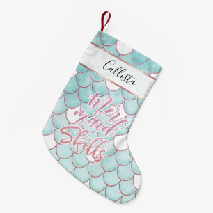 Mermaid Skills Pink Blue Watercolor Scales Pattern Small Christmas Stocking