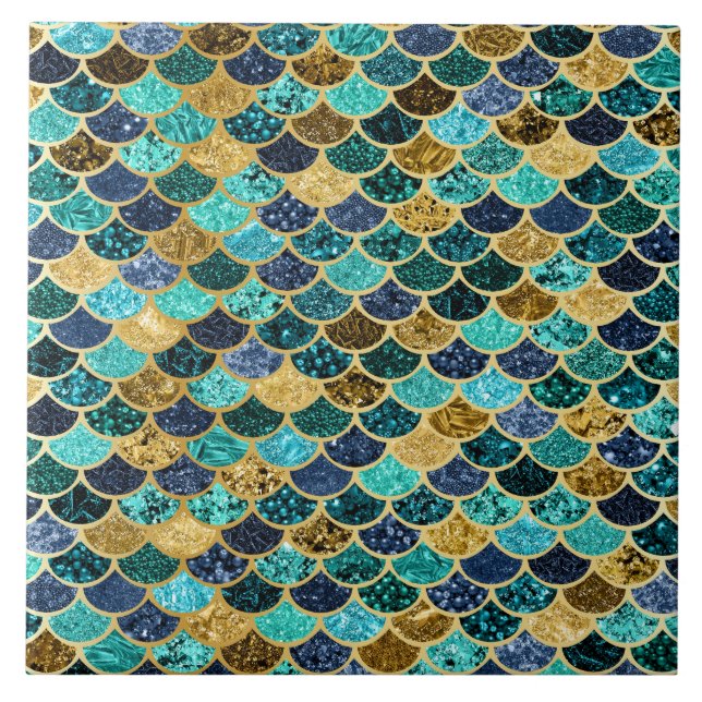 Mermaid Skin Fish Scales Gold Teal Turquoise Tile (Front)