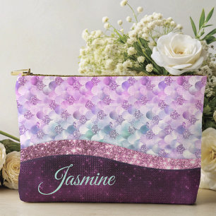Mermaid skin pink silver faux glitter monogram accessory pouch