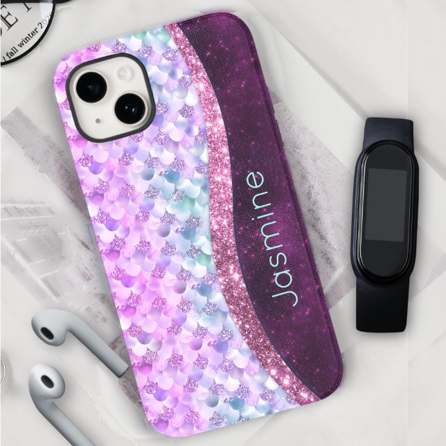Mermaid skin pink silver faux glitter monogram Cas Case-Mate iPhone Case (Creator Uploaded)