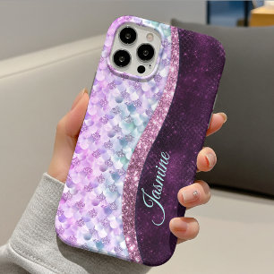 Mermaid skin pink silver faux glitter monogram iPhone 13 case