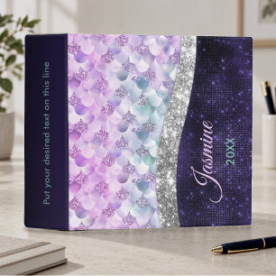 Mermaid skin purple silver faux glitter monogram binder