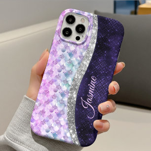Mermaid skin purple silver faux glitter monogram Case-Mate iPhone 14 case