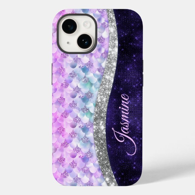 Mermaid skin purple silver faux glitter monogram Case-Mate iPhone case (Back)