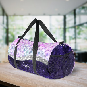 Mermaid skin purple silver faux glitter monogram duffle bag