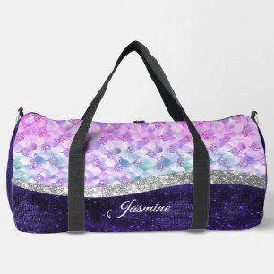 Mermaid skin purple silver faux glitter monogram  duffle bag