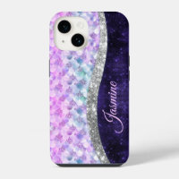 Mermaid skin purple silver faux glitter monogram