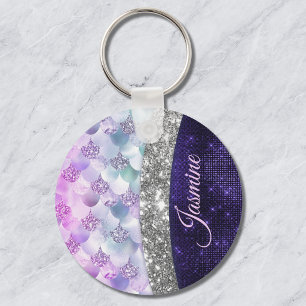 Mermaid skin purple silver faux glitter monogram keychain