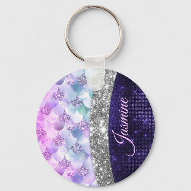 Mermaid skin purple silver faux glitter monogram keychain (Front)
