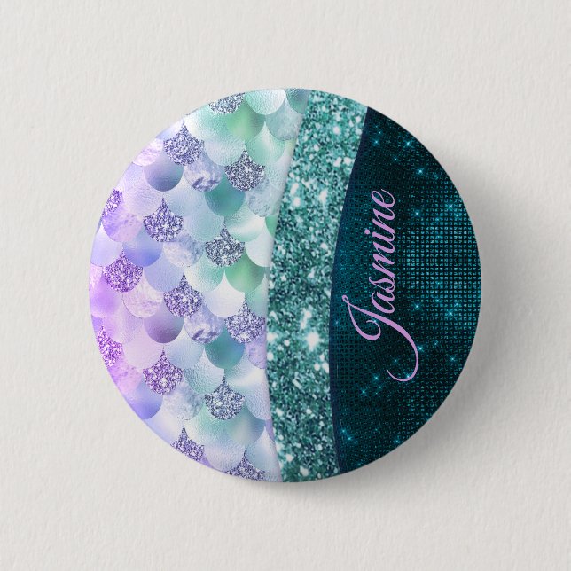 Mermaid skin teal silver faux glitter monogram 2 inch round button (Front)