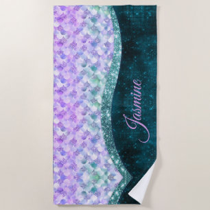 Mermaid skin teal silver faux glitter monogram beach towel