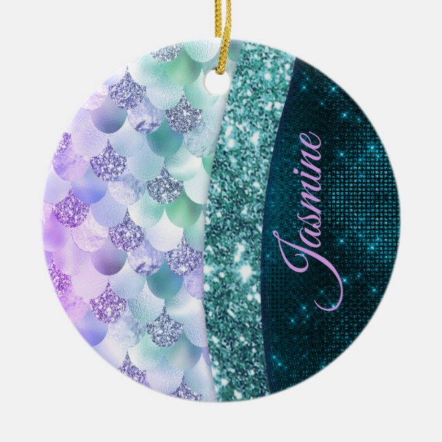 Mermaid skin teal silver faux glitter monogram ceramic ornament (Front)