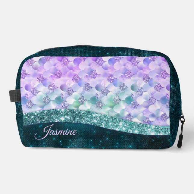 Mermaid skin teal silver faux glitter monogram dopp kit (Front)
