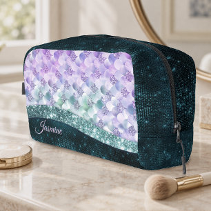 Mermaid skin teal silver faux glitter monogram dopp kit