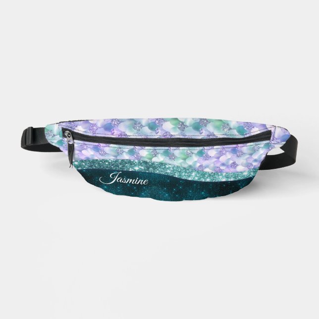 Mermaid skin teal silver faux glitter monogram duf fanny pack (Front)