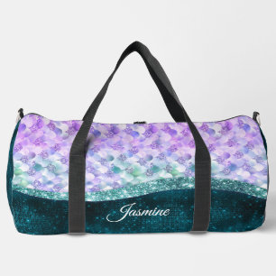 Mermaid skin teal silver faux glitter monogram duffle bag