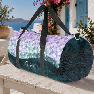 Mermaid skin teal silver faux glitter monogram duffle bag