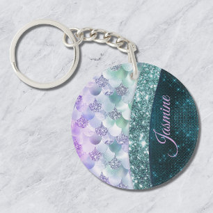 Mermaid skin teal silver faux glitter monogram keychain