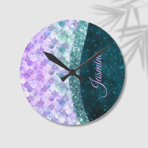 Mermaid skin teal silver faux glitter monogram round clock