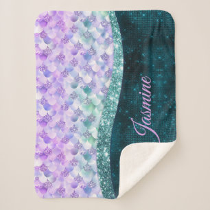 Mermaid skin teal silver faux glitter monogram sherpa blanket