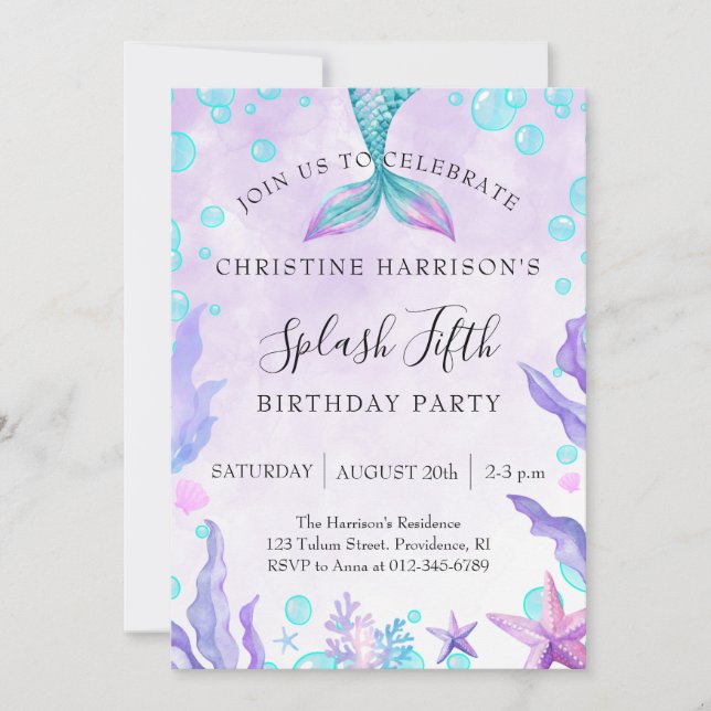 Mermaid Splash 5th Birthday  Invitation (Front)