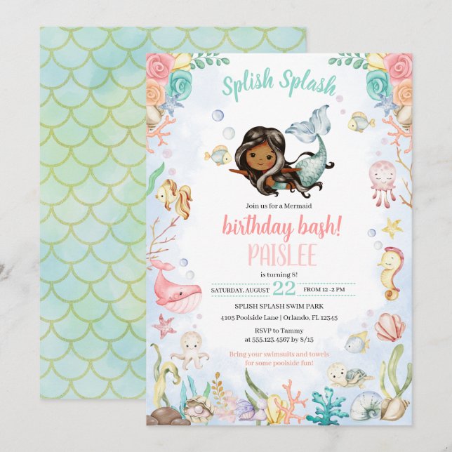 Mermaid Splash Under The Sea Pool Party Birthday Invitation (Front/Back)