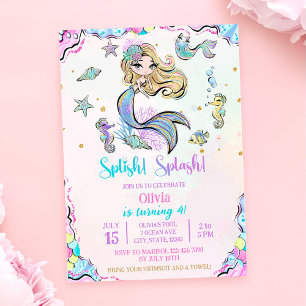 Mermaid Splish Splash 4th Birthday Party Invitation
