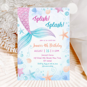 Mermaid Splish Splash 4th Birthday Party Invitation