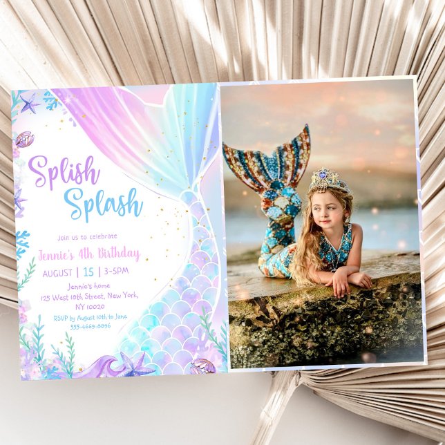 Mermaid Splish Splash 4th Birthday Party Photo Invitation (Creator Uploaded)
